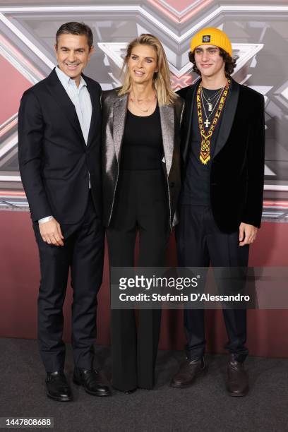 Alessandro Costacurta, Martina Colombari and Achille Costacurta attend the X Factor 16 2022 Finale at Assago Foru on December 08, 2022 in Assago,...