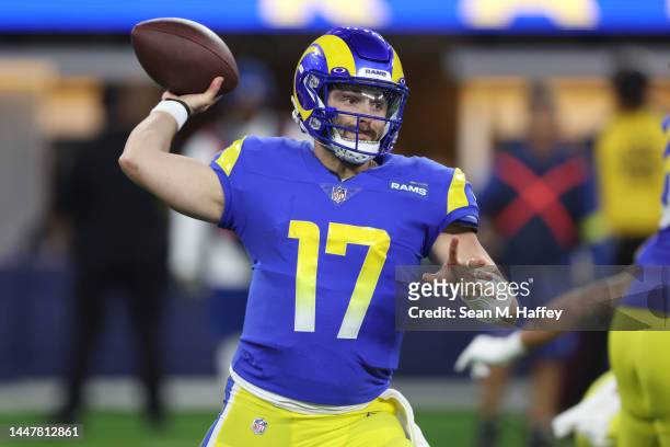 Baker Mayfield of the Los Angeles Rams passes the ball against the Las Vegas Raiders during the second quarter at SoFi Stadium on December 08, 2022...
