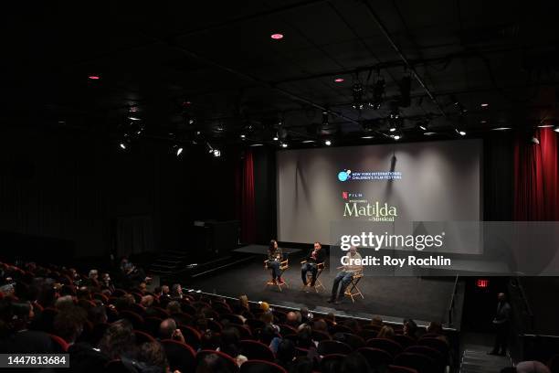 Maria-Christina Villaseñor, Matthew Warchus and Dennis Kelly speak onstage during Roald Dahl's Matilda The Musical screening at NY International...