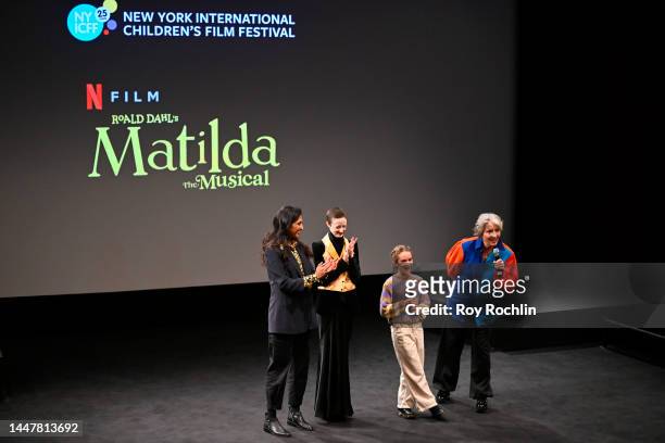 Sindhu Vee, Andrea Riseborough, Alisha Weir and Emma Thompson speak onstage during Roald Dahl's Matilda The Musical screening at NY International...