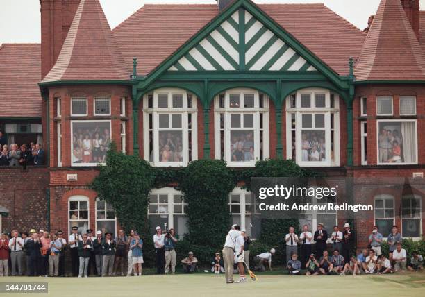 Tom Lehman of the United States hugs his caddy Andy Martinez after winning the 125th Open Championship on 21st July 1996 at the Royal Lytham and St...