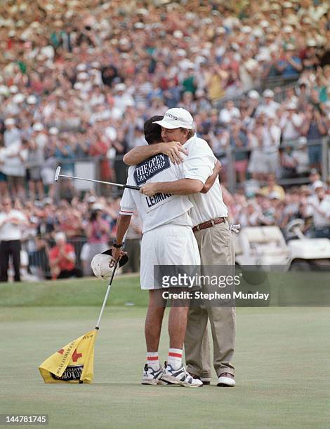 Tom Lehman of the United States hugs his caddy Andy Martinez after winning the 125th Open Championship on 21st July 1996 at the Royal Lytham and St...