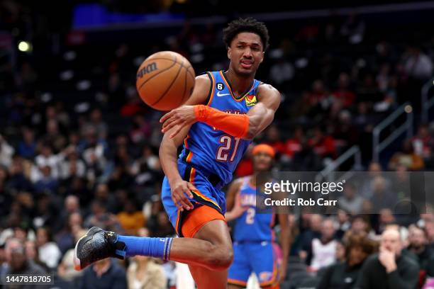 Aaron Wiggins of the Oklahoma City Thunder passes the ball against the Washington Wizards at Capital One Arena on November 16, 2022 in Washington,...