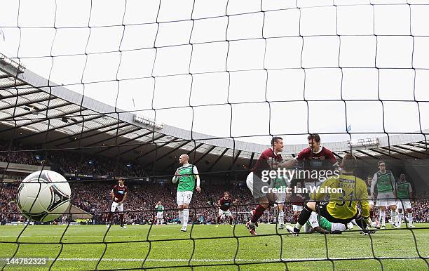 Darren Barr of Hearts scores a goal during the William Hill Scottish Cup Final between Hibernian and Hearts at Hampden Park on May 19, 2012 in...