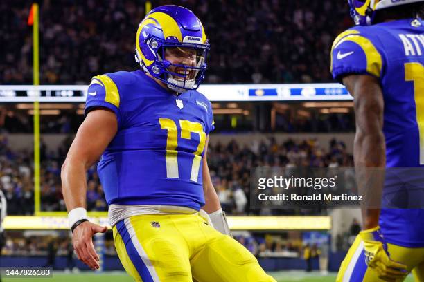 Baker Mayfield of the Los Angeles Rams celebrates after throwing the game winning touchdown against the Las Vegas Raiders during the fourth quarter...