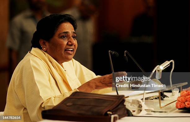 Former Uttar Pradesh Chief Minister and Rajya Sabha member Mayawati addresses a press conference on May 19, 2012 in New Delhi, India. She accused the...