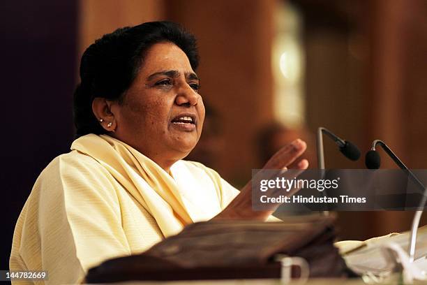 Former Uttar Pradesh Chief Minister and Rajya Sabha member Mayawati addresses a press conference on May 19, 2012 in New Delhi, India. She accused the...