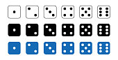 Dice graphic icons set. White, black, blue game dice cubes from one to six dots. Gambling objects to play in casino, poker. Six faces of cube. Traditional die with numbers of dots from 1 to 6. Vector