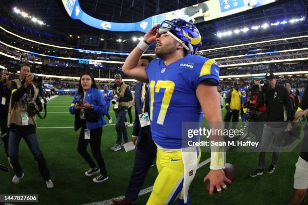 Baker Mayfield of the Los Angeles Rams celebrates after his team's 17-16 victory against the Las Vegas Raiders at SoFi Stadium on December 08, 2022...