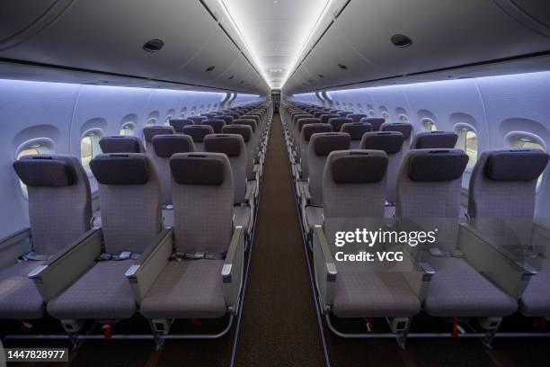 An interior view of a C919 passenger jet at Pudong base of Assembly Manufacturing Center of Commercial Aircraft Corporation of China, Ltd. On...