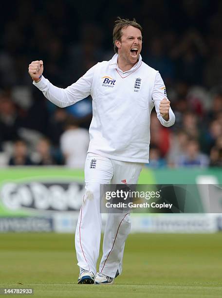 Graeme Swann of England celebrates dismissing Darren Bravo of the West Indies during day three of the first Test match between England and the West...