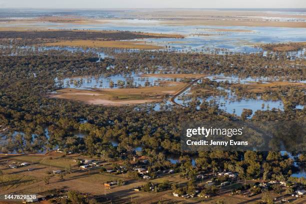 An aerial view of the town pf Louth surrounded by flood water on December 09, 2022 in Louth, Australia. Rainfall over recent weeks and months has...