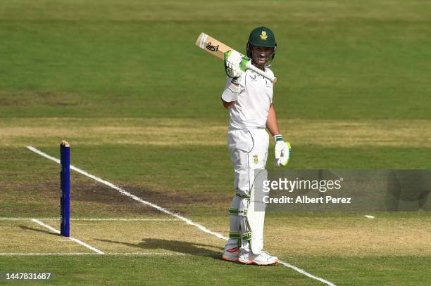 Dean Elgar of South Africa celebrates his century during day one of the Tour Match between Australia A and South Africa at Allan Border Field on...