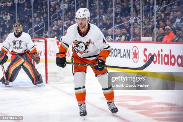 Cam Fowler of the Anaheim Ducks keeps an eye on the play during first period action against the Winnipeg Jets at the Canada Life Centre on December...