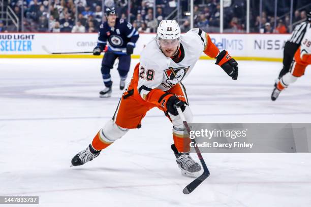 Nathan Beaulieu of the Anaheim Ducks follows the play down the ice during second period action against the Winnipeg Jets at the Canada Life Centre on...