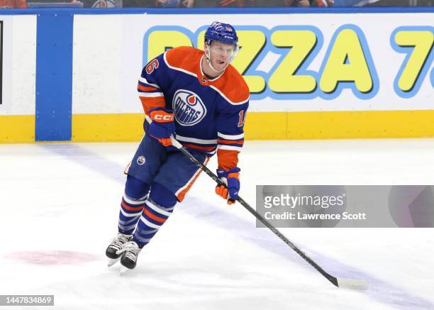 Tyler Benson of the Edmonton Oilers warms up prior to the game against the Washington Capitals on December 5, 2022 at Rogers Place in Edmonton,...