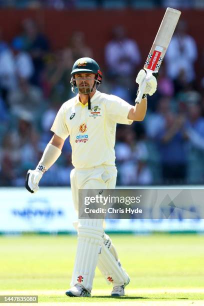 Travis Head of Australia celebrates reaching 150 runs during day two of the Second Test Match in the series between Australia and the West Indies at...