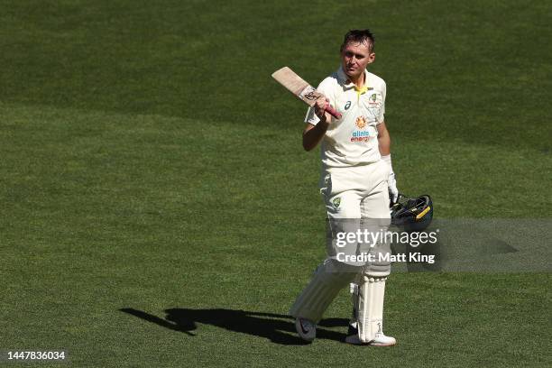 Marnus Labuschagne of Australia thanks the crowd after being dismissed by Devon Thomas of the West Indies for 163 runs during day two of the Second...