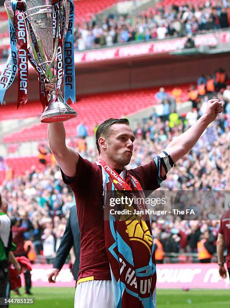 Kevin Nolan of West Ham celebrates his team's promotion after winning the npower Championship Playoff Final match between West Ham United and...