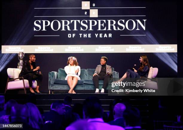 Angel McCoughtry, Jocelyn Alo, Jennifer King and Jamie Lisanti speak onstage during the 2022 Sports Illustrated Sportsperson of the Year Awards...