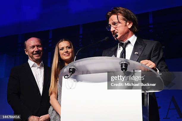 Director Paul Haggis, model Petra Nemcova and actor Sean Penn attend the Haiti Carnival in Cannes Benefitting J/P HRO, Artists for Peace and Justice...