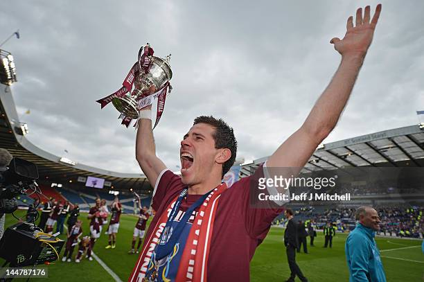 Ryan McGowan of Hearts celebrates after winning the William Hill Scottish Cup Final between Hibernian and Hearts at Hampden Park on May 19, 2012 in...