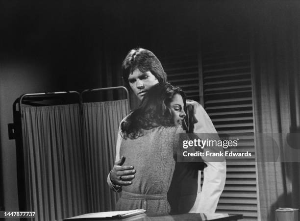 American actor Richard Dean Anderson and American actress Janice Heiden in a scene from the soap opera 'General Hospital', filmed at Sunset Gower...