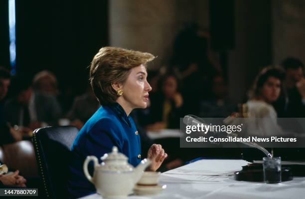 American US First Lady and politician Hillary Clinton testifies before a Senate Education & Labor Committee meeting on Health Care Reform in...