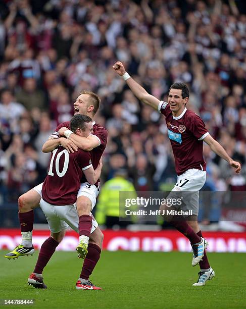 Stephen Elliot Danny Grainger and Ryan McGowan of Hearts react at the final whistle during the William Hill Scottish Cup Final between Hibernian and...