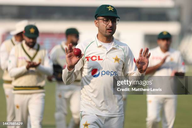 Abrar Ahmed of Pakistan is applauded by his team mates as he leaves the field after taking a seven wicket haul during day one of the First Test Match...