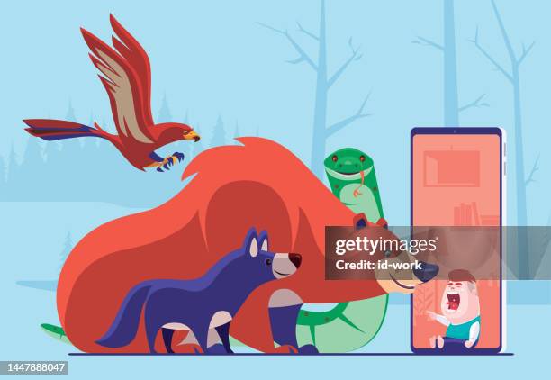 bear and friends meeting crying toddler on smartphone - cartoon wolf stock illustrations