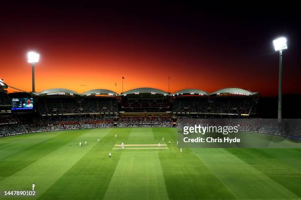General view at sunset during play on day two of the Second Test Match in the series between Australia and the West Indies at Adelaide Oval on...
