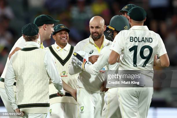Nathan Lyon of Australia celebrates taking the wicket of Jermaine Blackwood of the West Indies for 3 runs during day two of the Second Test Match in...