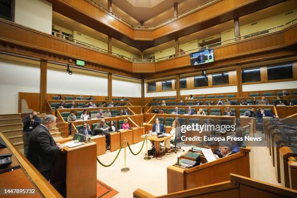 The Minister of Finance and Economy of the Basque Government, Pedro Azpiazu, speaks during a plenary session in the Basque Parliament, on December 9...