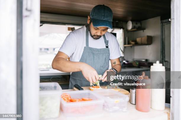 japanese chefs making hamburgers in their food truck - chef burger stock pictures, royalty-free photos & images