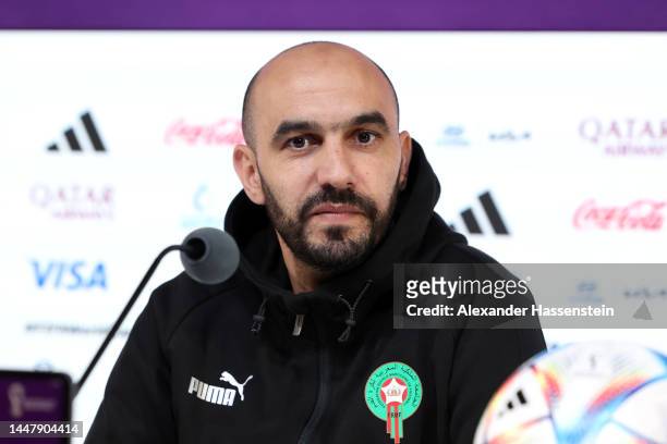 Walid Regragui, Head Coach of Morocco, speaks during the Morocco press conference on match day -1 at main media center on December 09, 2022 in Doha,...