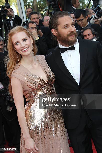 Jessica Chastain and Tom Hardy attend the 'Lawless' Premiere attends the "Lawless" Premiere during the 65th Annual Cannes Film Festival at Palais des...
