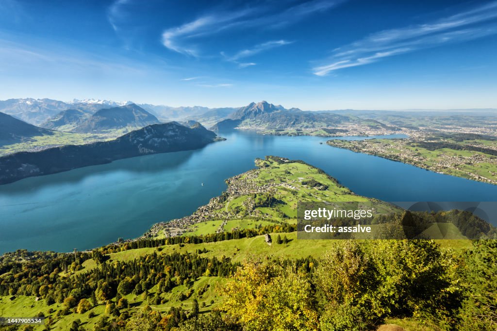 Lucerne city viewed from Mount Rigi with Mountain Pilatus on the left