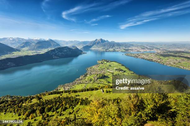 lucerne city viewed from mount rigi with mountain pilatus on the left - luzern stock pictures, royalty-free photos & images