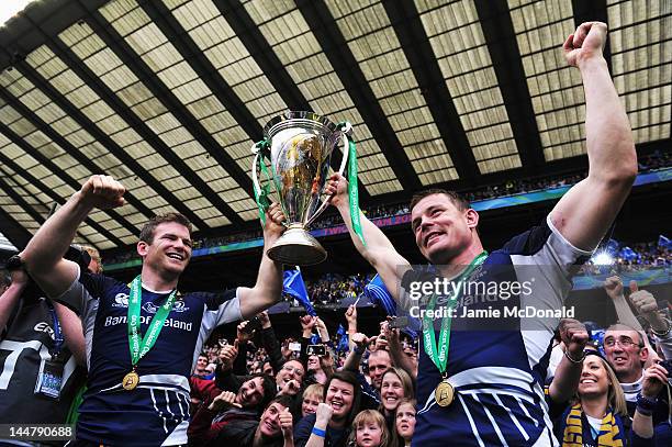 Gordon D’Arcy and Brian O'Driscoll of Leinster celebrate with the trophy following the Heineken Cup Final between Leinster and Ulster at Twickenham...