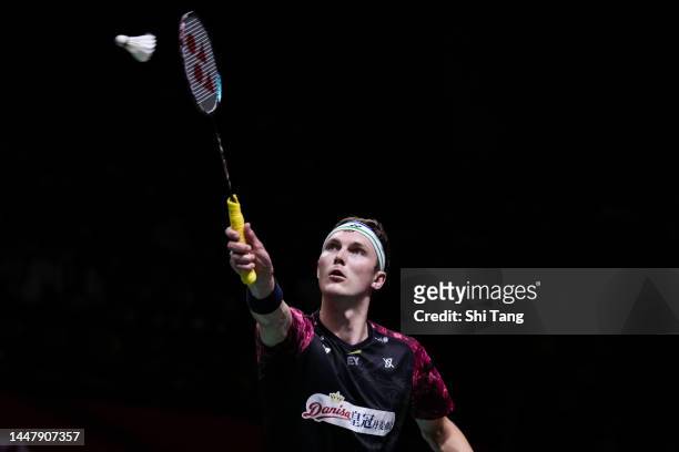Viktor Axelsen of Denmark competes in the Men's Singles Round Robin match against Prannoy H. S. Of India during day three of the HSBC BWF World Tour...