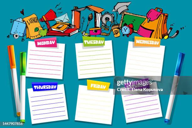 ilustraciones, imágenes clip art, dibujos animados e iconos de stock de semanal, diario, concepto de planificación al estilo escolar. lista de tareas para la semana en un cuaderno con dibujos a mano sobre un fondo de color abstracto. - semana