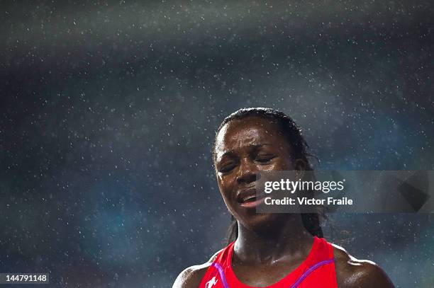 Veronica Campbell-Brown of Jamaica reacts after winning the Women's 200m on May 19, 2012 at the Shanghai Stadium in Shanghai, China.