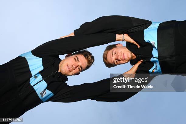 Wout Van Aert of Belgium and Remco Evenepoel of Belgium pose for a portrait session during the 95th UCI Road World Championships 2022 on September...