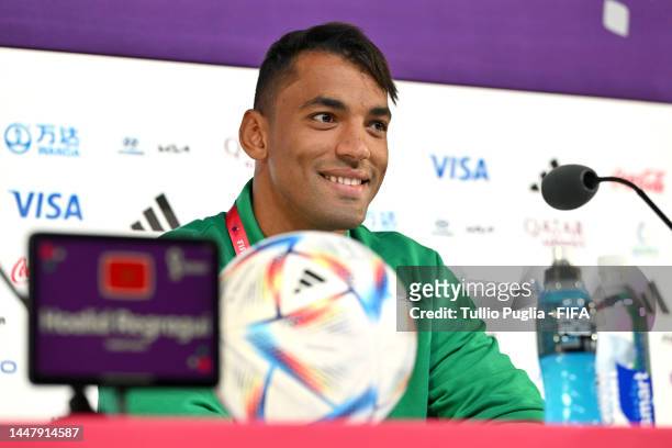 Reda Tagnaouti of Morocco speaks during the Morocco press conference on match day -1 at main media center on December 09, 2022 in Doha, Qatar.