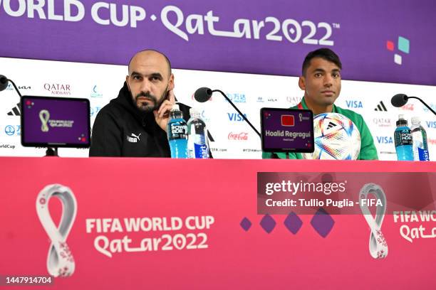 Walid Regragui, Head Coach of Morocco, and Reda Tagnaouti of Morocco speak during the Morocco press conference on match day -1 at main media center...