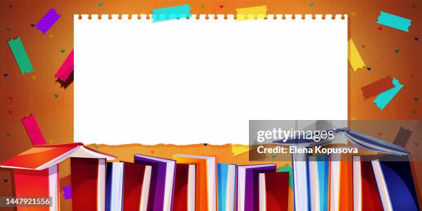 school education and learning concept in cartoon style. books and textbooks with colorful stickers on a stylish cardboard background with space for text. - bookcase background stock illustrations