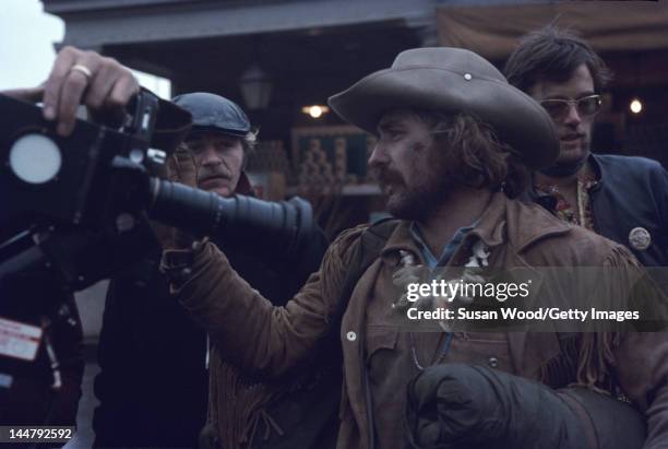 American actor & director Dennis Hopper and actor Peter Fonda during the filming of Hopper's directorial debut 'Easy Rider,' New Orleans, Louisiana,...