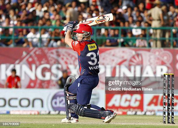 Delhi Daredevils batsman David Warner plays a shot during IPL 5 T20 cricket match played between Delhi Daredevils and Kings XI Punjab at HPCA stadium...