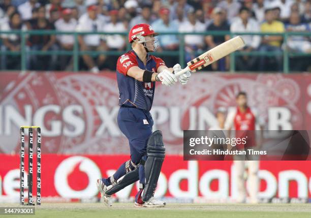 Delhi Daredevils batsman David Warner plays a shot during IPL 5 T20 cricket match played between Delhi Daredevils and Kings XI Punjab at HPCA stadium...